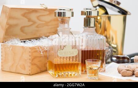 Liquor, nuts and wine, food and drink winter concepts Stock Photo