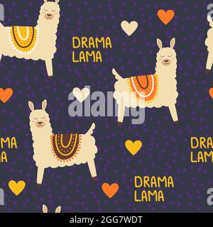 Cute drama lama lettering seamless pattern on blue background in hand drawn flat style Stock Vector