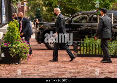 Washington, United States. 29th Aug, 2021. US President Joe Biden walks into Holy Trinity Catholic Church for mass in the Georgetown neighborhood of Washington, DC, Sunday, August 29, 2021. President Biden earlier attended a dignified transfer in Dover, Delaware for 13 members of the US military who were killed in Afghanistan last week and gave an update on Hurricane Ida from FEMA headquarters. Photo by Ken Cedeno/UPI Credit: UPI/Alamy Live News Stock Photo