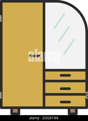 Wooden wardrobe with mirror, illustration, on a white background. Stock Vector