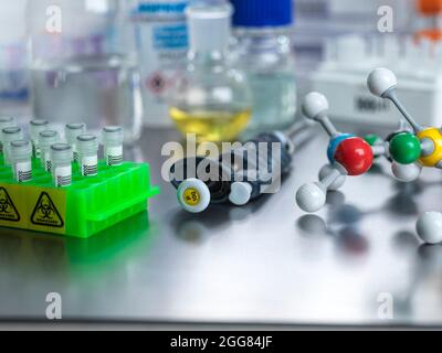 Molecular model and samples in laboratory Stock Photo