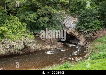 Han-sur-Lesse, Wallonia, Belgium - August 9, 2021: Lesse River enters the local cave system through rather small hole in rock wall, covered by green f Stock Photo