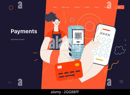 Business topics - payment, web template, header. Flat style modern outlined vector concept illustration. A waitress holding a pos-terminal. A customer Stock Vector