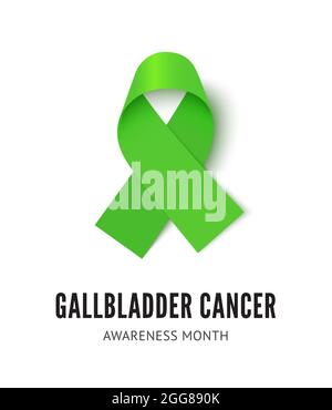 Gallbladder cancer awareness ribbon vector illustration isolated on white background. Realistic vector green silk ribbon with loop Stock Vector