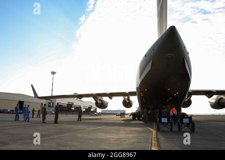 NAVAL AIR STATION SIGONELLA, Italy (Aug. 27, 2021) – U.S. Sailors assigned to Navy Medicine Readiness and Training Command, U.S. military and Department of State personnel wait for evacuees from Afghanistan to depart a U.S. Air Force C-17 Globemaster III at Naval Air Station (NAS) Sigonella Aug. 27, 2021. NAS Sigonella is currently supporting the Department of State mission to facilitate the safe departure and relocation of U.S. citizens, Special Immigration Visa recipients, and vulnerable populations from Afghanistan. (U.S. Navy photo by Mass Communication Specialist 2nd Class Claire DuBois) Stock Photo