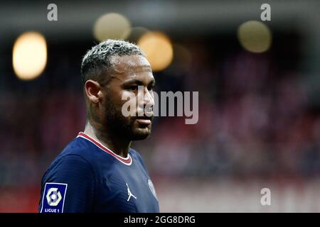 Reims, France. 29th Aug, 2021. Paris Saint-Germain's Neymar reacts during the French Ligue 1 soccer match between Paris Saint-Germain and the Stade de Reims in Reims, France, on Aug. 29, 2021. Credit: Aurelien Morissard/Xinhua/Alamy Live News Stock Photo