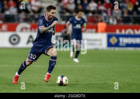 Reims, France. 29th Aug, 2021. Lionel Messi of Paris Saint-Germain competes during the French Ligue 1 soccer match between Paris Saint-Germain and the Stade de Reims in Reims, France, on Aug. 29, 2021. Credit: Aurelien Morissard/Xinhua/Alamy Live News Stock Photo