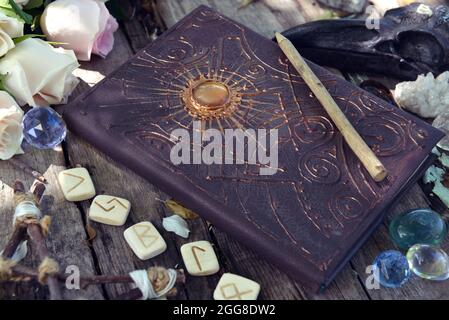 Wicca, esoteric and occult background with vintage magic objects for mystic  rituals. Halloween and gothic concept Stock Photo - Alamy