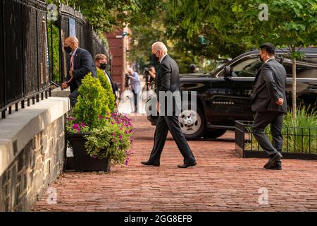 United States President Joe Biden walks into Holy Trinity Catholic Church for mass in the Georgetown neighborhood of Washington, DC, Sunday, August 29, 2021. President Biden earlier attended a dignified transfer in Dover, Delaware for 13 members of the US military who were killed in Afghanistan last week and gave an update on Hurricane Ida from FEMA headquarters. Credit: Ken Cedeno/Pool via CNP /MediaPunch Stock Photo