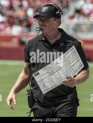 Santa Clara, United States. 29th Aug, 2021. Las Vegas Raiders head coach Jon Gruden works the sidelines during a 34-10 loss to the San Francisco 49ers at Levi's Stadium in Santa Clara, Califiornia on Sunday, August 29, 2021. Photo by Terry Schmitt/UPI Credit: UPI/Alamy Live News Stock Photo