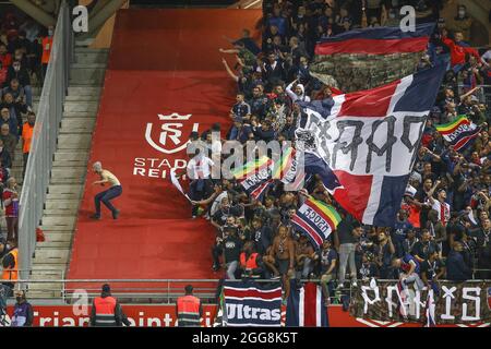 Reims, France. 29th Aug, 2021. Illustration ULTRAS of the PSG during the Ligue 1 Uber Eats Stade De Reims v Paris Saint-Germain football match at Auguste Delaune stadium on August 29, 2021 in Reims, France. Photo By Loic Baratoux/ABACAPRESS.COM Credit: Abaca Press/Alamy Live News Stock Photo