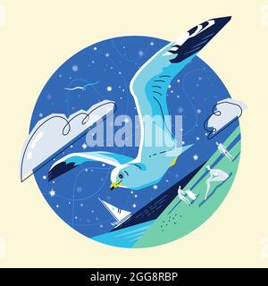 Flying seagull over the sea against the background of the starry sky, yachts and people who are resting Stock Vector