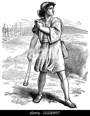 Vintage engraving of the Israelite David, son of Jesse, before his confrontation with the Philistine Goliath. Stock Photo