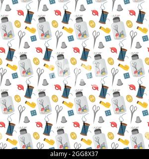 Pattern with sewing tools - buttons, needles and centimeter, thimble. Vector illustration isolated on white background.  Stock Vector