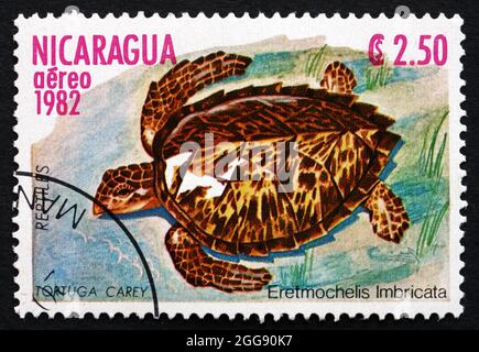 NICARAGUA - CIRCA 1982: a stamp printed in Nicaragua shows the Hawksbill Sea Turtle, Eretmochelis Imbricata, Turtle, circa 1982 Stock Photo