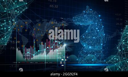 Chess game on chess board behind forex chart indicators or stock market graph in abstract background. Business concept to present financial informatio Stock Photo