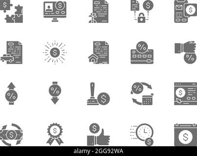 Set of Quick Loan Grey Icons. Investment, Car Loan, Mortgage, Deposit and more. Stock Vector