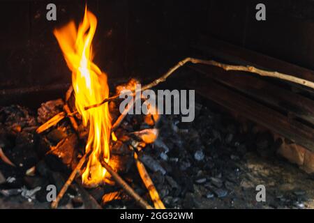 bonfire and embers lit with branches of a tree and charcoal prepared for a summer barbecue Stock Photo