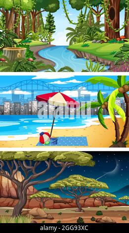 Three different nature horizontal scenes illustration Stock Vector
