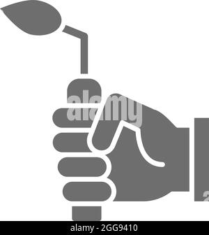 Hand with blow torch, device for gas welding works grey icon. Stock Vector
