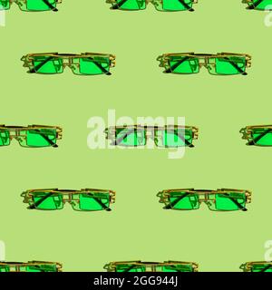 Green trendy sunglasses fashion Accessories. Hot Summer Vibes. Minimal Style bright colored seamless pattern. Stock Photo
