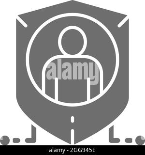 Shield with person, personal protection, privacy grey icon. Stock Vector
