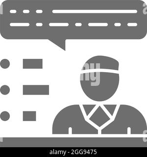 Candidate talks about his political program, speaker with checklist grey icon. Stock Vector