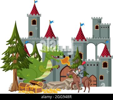 Knight riding cute dragon with sword in color and silhouette Stock ...