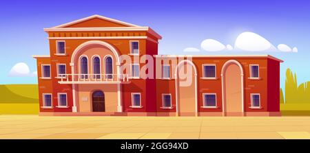 University campus, library or high school building classic architecture. Educational public institution facade of red brick with arched entrance, windows and fenced balcony cartoon vector illustration Stock Vector