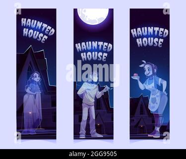 Haunted house with old house with ghosts at night. Vector vertical banners of Halloween party or scary show with spirits. Bookmarks with cartoon illustration of souls of dead people Stock Vector