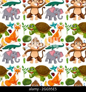 Seamless pattern with cute wild animals cartoon character illustration Stock Vector