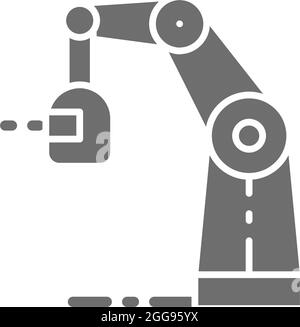 Wireless robotic welding machine, robotic arm with spark torch grey icon. Stock Vector