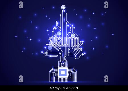 Christmas tree from digital electronic circuit. Abstract blue lighting motherboard microchip. Vector illustration Stock Vector