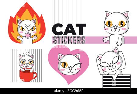 Cute cat set stickers isolated on white Stock Vector