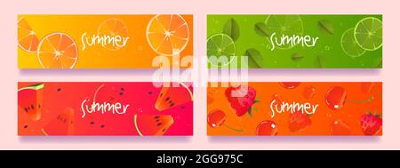 Summer fruits cartoon horizontal banners or bookmarks with fresh juicy orange, lime, watermelon and berries strawberry or cherry with green mint leaves, Vector illustration, isolated templates set Stock Vector