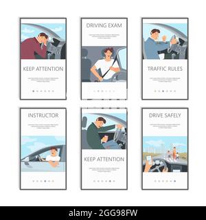 Young driver character in car concept series. Screens user interface kit of driving cases, mobile app templates. Modern UX, UI screen for mobile or re Stock Vector