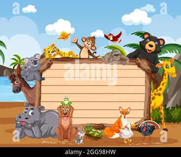 Empty wooden board with various wild animals in the forest illustration ...