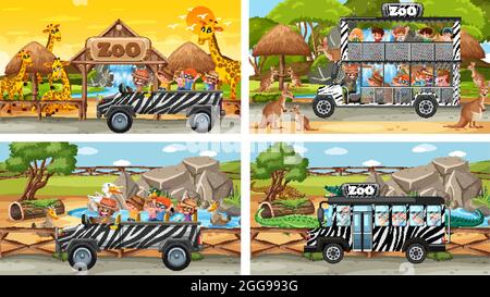 Set of different safari scenes with animals and kids cartoon character illustration Stock Vector