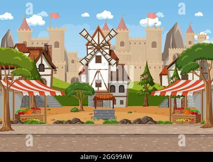 Medieval town scene with market place illustration Stock Vector Image ...