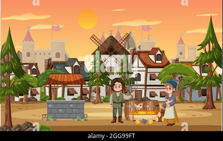 Medieval town at sunset time scene with villagers illustration Stock ...