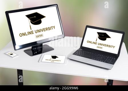 Online university concept shown on different information technology devices Stock Photo
