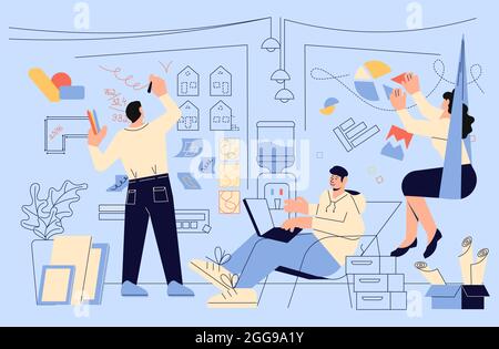 Creative team while working on a project in design studio. Male and female young employee and new company project. The concept of teamwork for web des Stock Vector