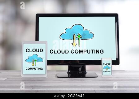 Cloud computing concept shown on different information technology devices Stock Photo
