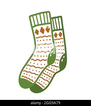 Pair of cute warm patterned socks in doodle style. Hand-drawn vector illustration isolated on white background. Perfect for cards, logo, autumn and holiday designs, decorations. Stock Vector