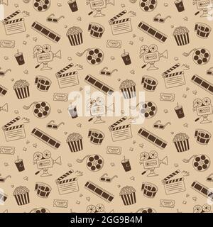 Hand drawn cinema seamless pattern with movie camera, clapper board, cinema reel and tape, popcorn in striped box, film ticket and 3d glasses. Vector Stock Vector