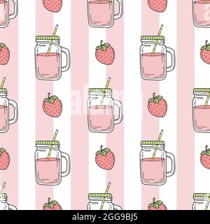 Strawberry smoothie - Seamless pattern on background. Lemonade in glass jar. Fresh summer drink. Perfect for restaurants, menu design, banners, flyers Stock Vector