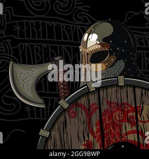 Warrior Barbarian, Viking Berserker with axe and shield Stock Vector