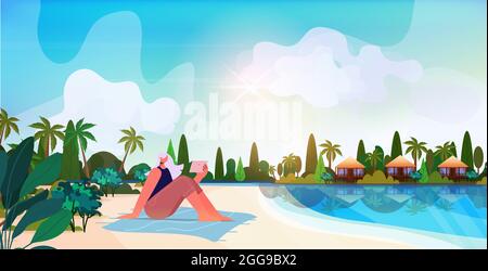 senior woman relaxing on tropical beach aged lady using tablet pc summer vacation active old age concept Stock Vector