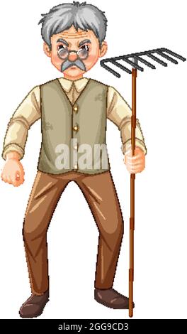 Old farmer man cartoon character holding rake garden tool illustration Stock Vector