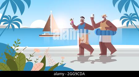 senior african american couple drinking cocktail and using smartphone on tropical beach grandparents having fun Stock Vector